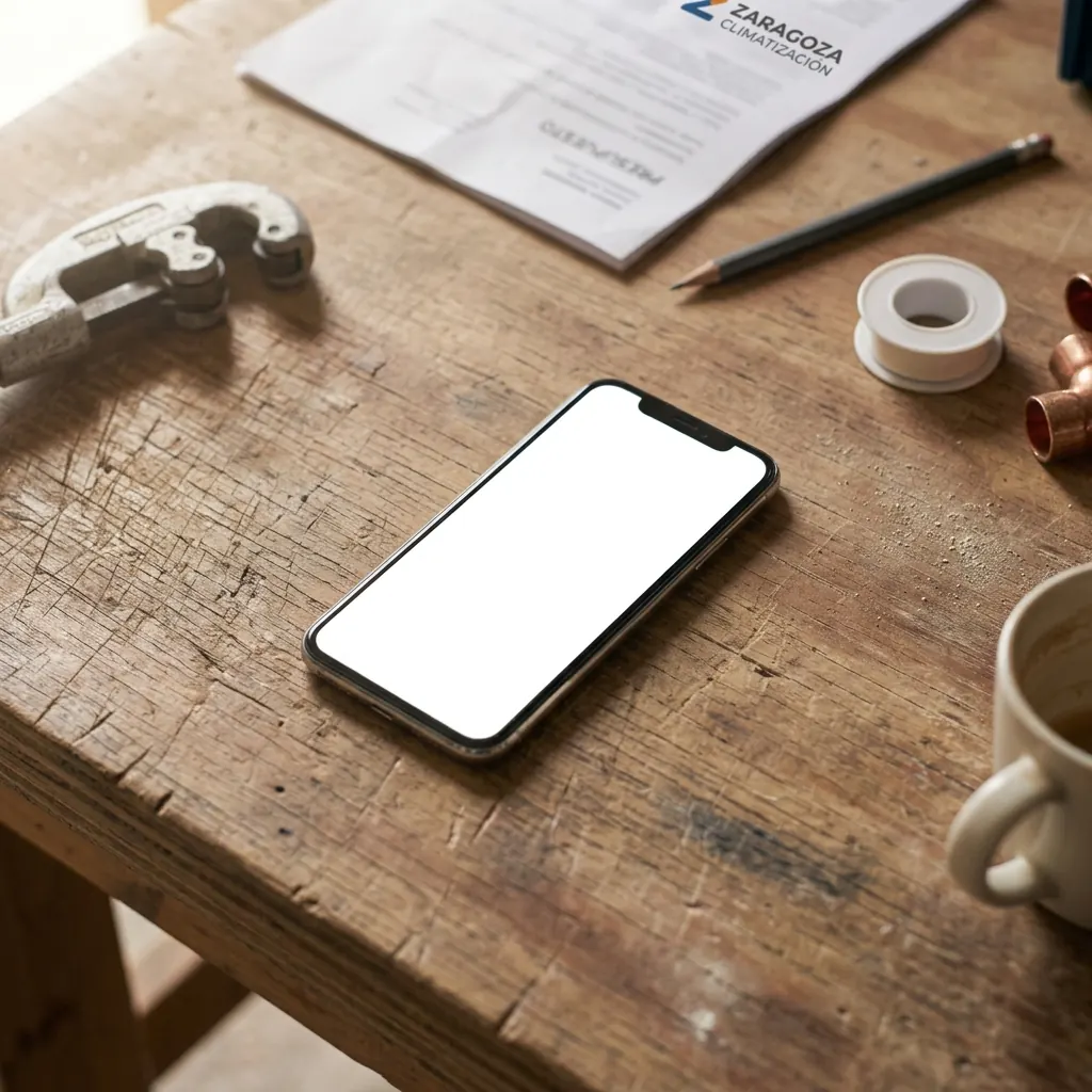 Teléfono móvil sobre una mesa de trabajo